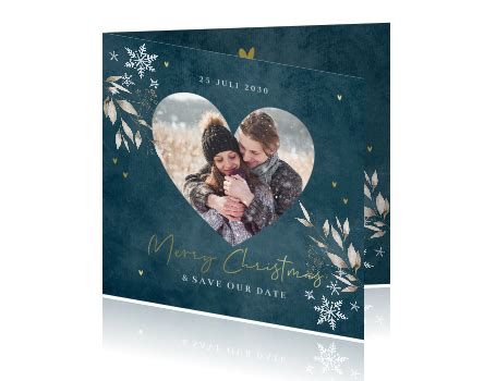 Save The Date Kerstkaart Blauw Hartje Foto Goudfolie