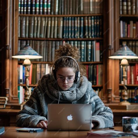 Student Studying with Laptop in a Quiet Library Focused Study Session