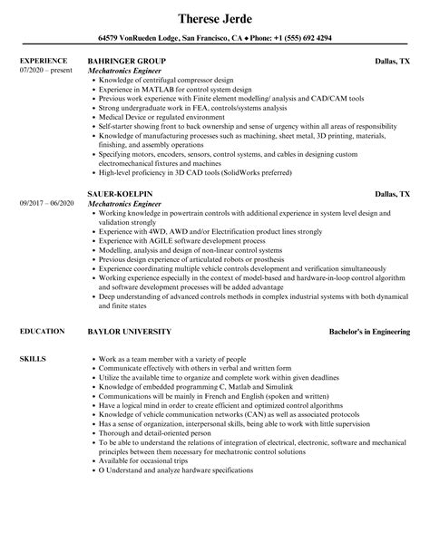 Mechatronics Engineer Resume Samples Velvet Jobs