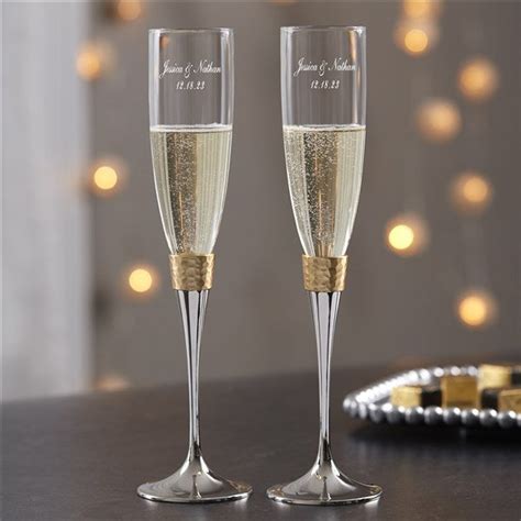 Engraved Wedding Champagne Flutes Gold Hammered