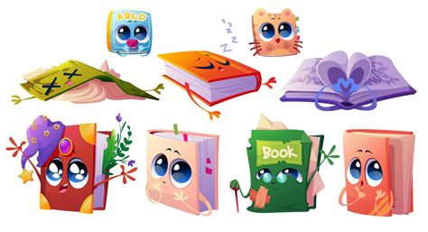 Set of cartoon books, characters with torn pages 13989923 Vector Art at Vecteezy