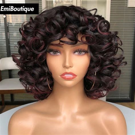 Short Hair Afro Curly Wig With Bangs For Black Women Cosplay Fluffy Glueless Mixed Black Red