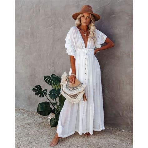 Robe Fitshinling Robe Longue Blanche Style Boh Mien Col En V Profond