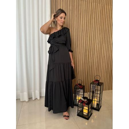 Duas Store Oficial Vestido Longo Ombro S Preto