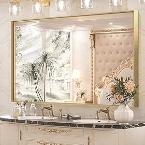 Keonjinn Gold Bathroom Mirror 48 X 30 Inch Brushed Brass Gold Metal