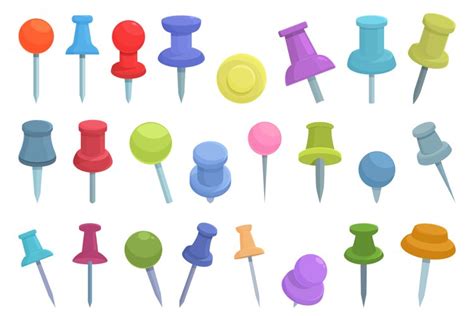 Push pin thumbtack icons set cartoon vector. Paper office