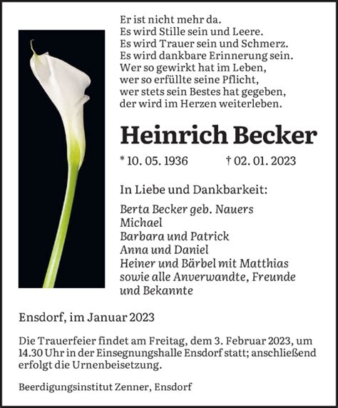 Traueranzeigen Von Heinrich Becker Saarbruecker Zeitung Trauer De