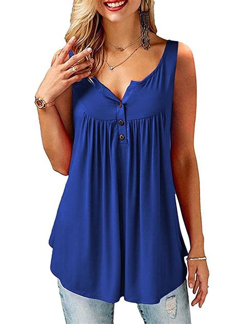 Jylfc Womens Plus Size Tank Tops Button V Neck Pleated Sleeveless Shirts Blue 3xl