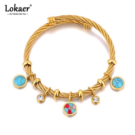 Lokaer L Stainless Steel Cz Crystal Blue Stone Charm Bracelet Bangle