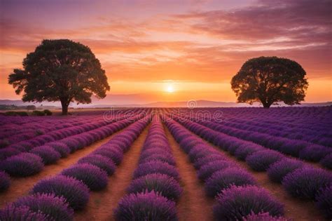 A Landscape of a Lavender Flower Field at Sunset Stock Image - Image of ...