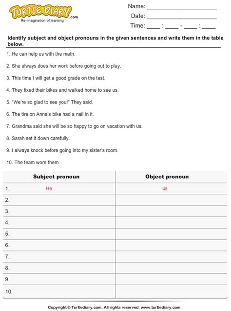 Identify Subject And Object Pronoun In A Sentence Turtle Diary Worksheet