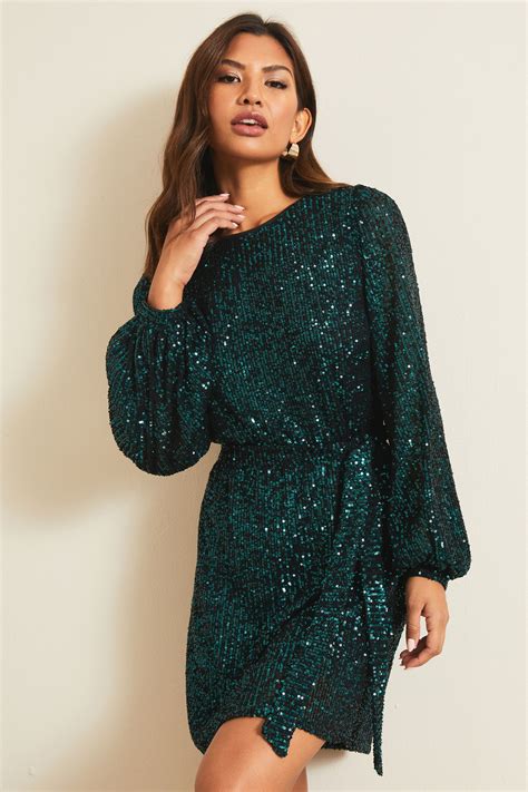 Buy Lipsy Forest Green Petite Sequin Long Sleeve Shift Dress From Next