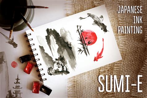 Sumi-e. Japanese ink painting by Dinkoo | Design Bundles