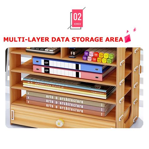 Desktop Wooden Storage Rack Multi Layer Drawers Storage Box File Shelf