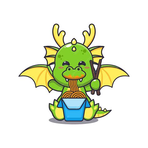 Premium Vector Cute Dragon Eating Noodle Cartoon Vector Illustration