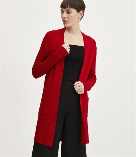 Cardigan Alongado em Tricô Bolsos Vermelho