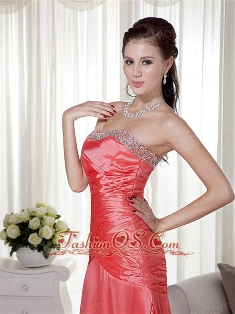 Watermelon Column Sheath Strapless Brush Train Satin Beading Prom