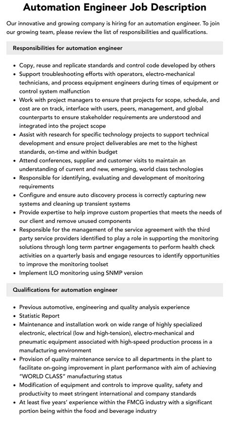 Automation Engineer Job Description Velvet Jobs