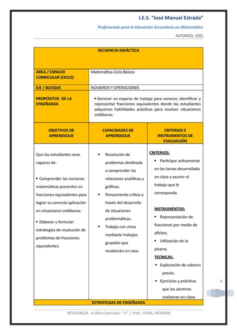 Secuencia Didáctica Fracciones equivalentes 6 Profesorado para la