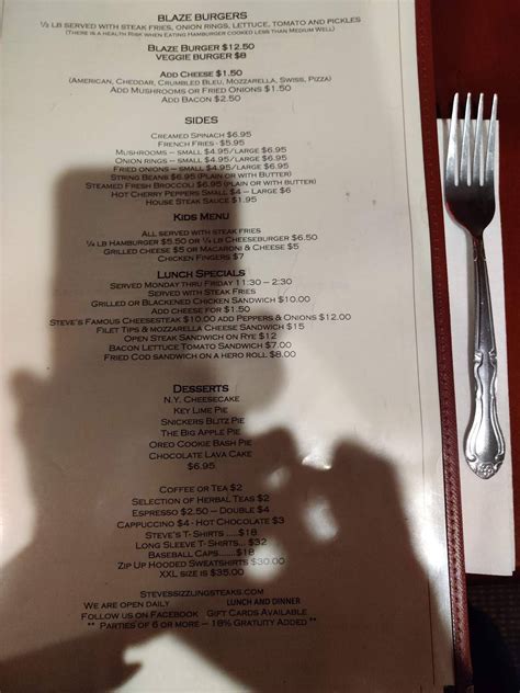 Menu at Steve's Sizzling Steaks steakhouse, Carlstadt