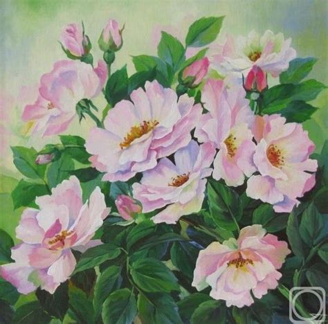 A Painting Of Pink Flowers With Green Leaves