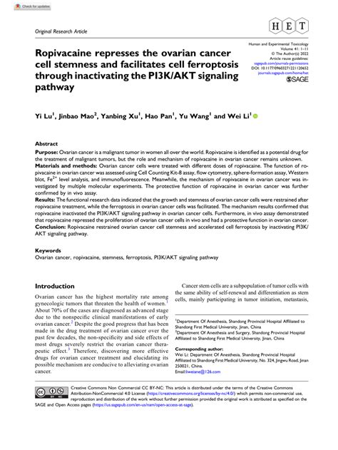 Pdf Ropivacaine Represses The Ovarian Cancer Cell Stemness And