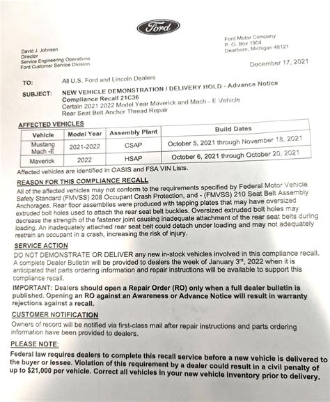 Recall / Stop Sale / Delivery Hold - Mach-E produced from Oct 5 - Nov 18 [Rear Seat Belt Anchor