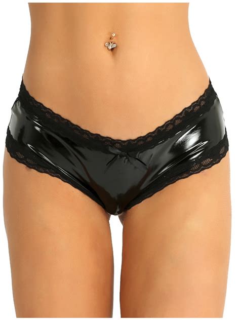 Iefiel Womens Wet Look Patent Leather Panties Lace Open Crotch Bikini