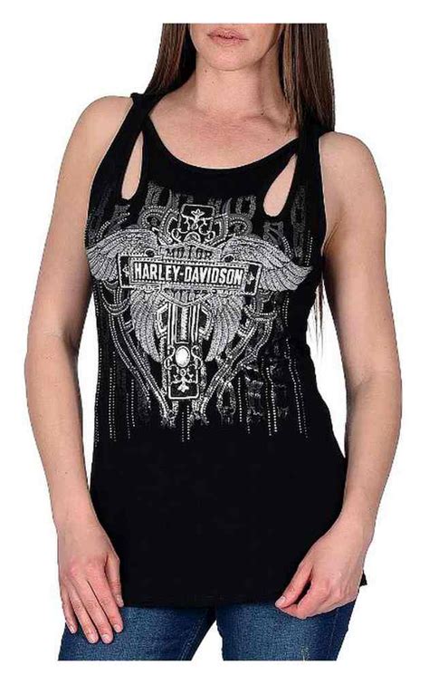 Harley Davidson Womens Outlander Embellished Sleeveless Keyhole Tank Black