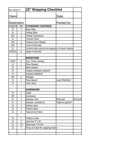 22" Shipping Checklist