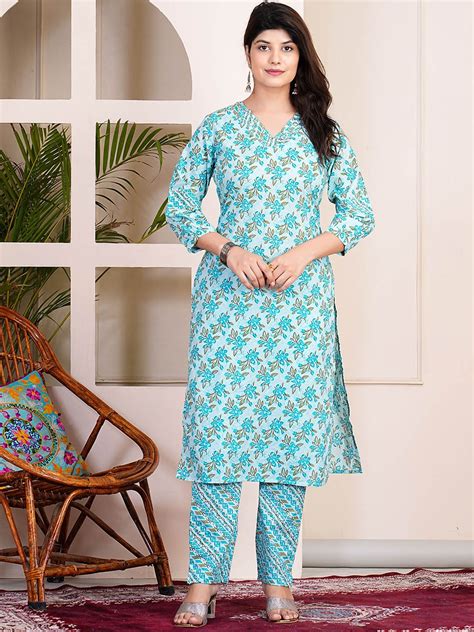 Buy SIGNORIA V Neck Floral Printed Thread Work Pure Cotton Kurta With