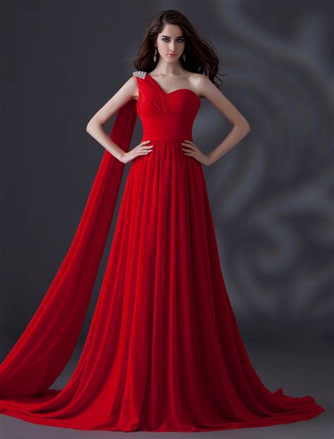 Red One Shoulder Rhinestone Lace Up Chiffon Evening Dress Milanoo