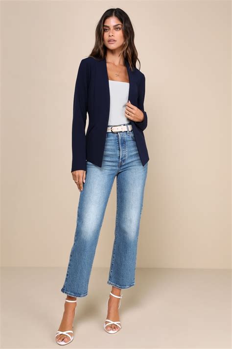 Navy Blue Collarless Blazer Lightweight Blazer Office Blazer Lulus