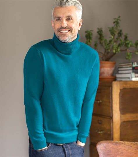 Teal Mens Pure Cashmere Polo Neck Jumper WoolOvers UK