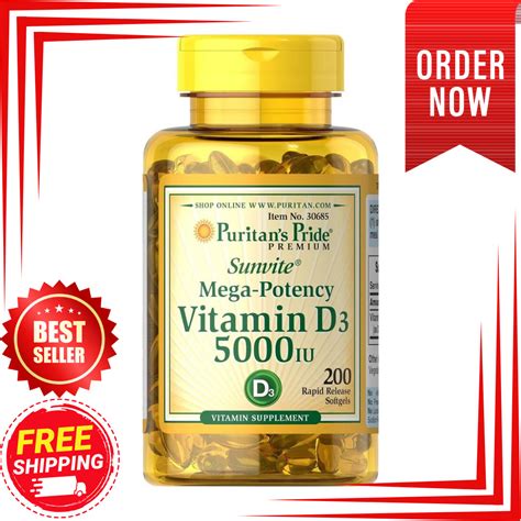 VITAMIN D3 Mega Potency PURITANS PRIDE 5000 IU Immune Supplement 200