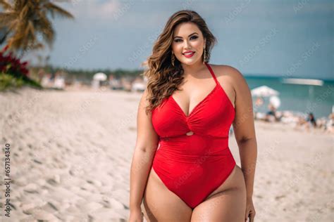 Happy Sexy Curvy Plus Size Model In A Red One Piece Swimsuit On The Beach Fat Busty Chubby