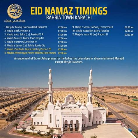 Eid Al Adha Namaz Timings For Bahria Town Karachi Bahria Town