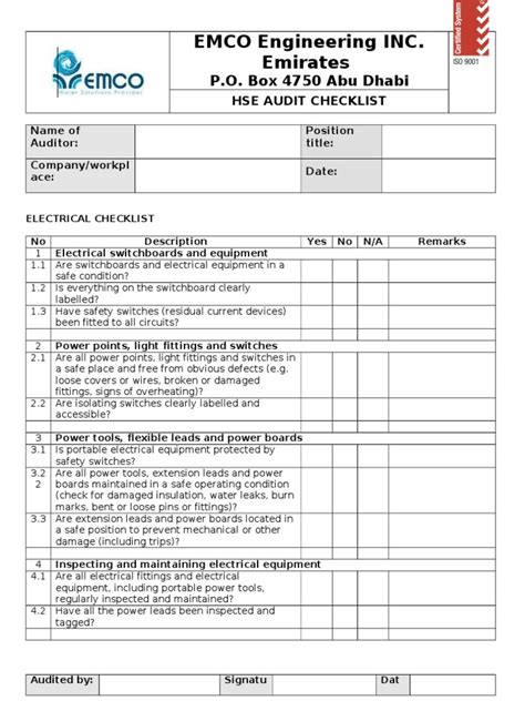 Hse Audit Checklist Safety Personal Protective Equipment Equipment