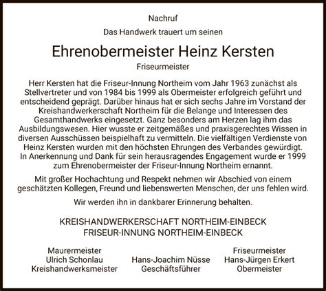 Traueranzeigen Von Heinz Kersten Trauer Hna De