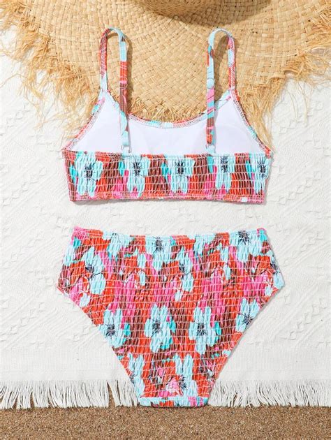 Tween Girl Vintage Floral Print Bikini Set Tropical Flower Beach