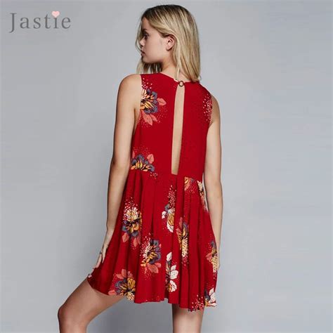 Jastie Sweet Printed Mini Dress Flowy Plunging V Neck Low Open Back