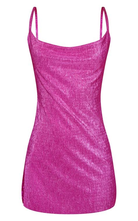 Hot Pink Metallic Plisse Strappy Bodycon Dress Dresses