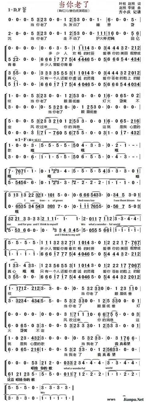 《当你老了》简谱鞠红川 唐伯虎原唱 歌谱 钢琴谱吉他谱 简谱之家