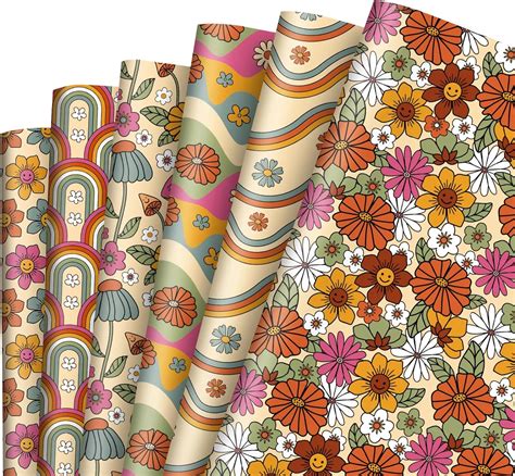 Anydesign 12 Sheet Groovy Hippie Wrapping Paper Retro Rainbow Flower T Wrap Paper