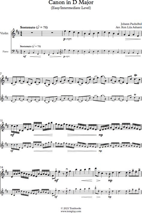 Free Sheet Music Pachelbel Johann Canon In D Violin Solo