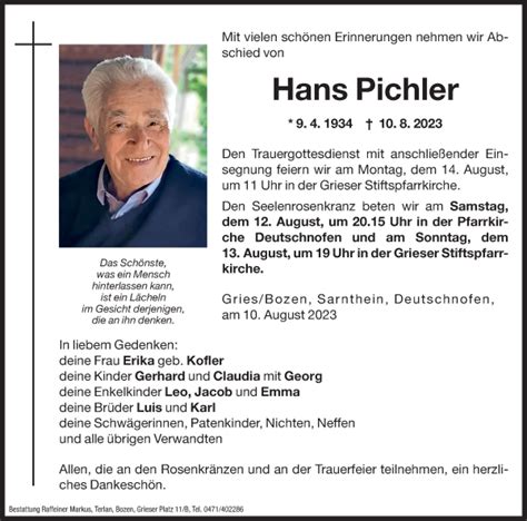 Traueranzeigen Von Hans Pichler Trauer Bz