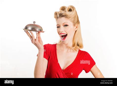 Restaurant Catering Waiter Pinup Girl With Service Tray Serving