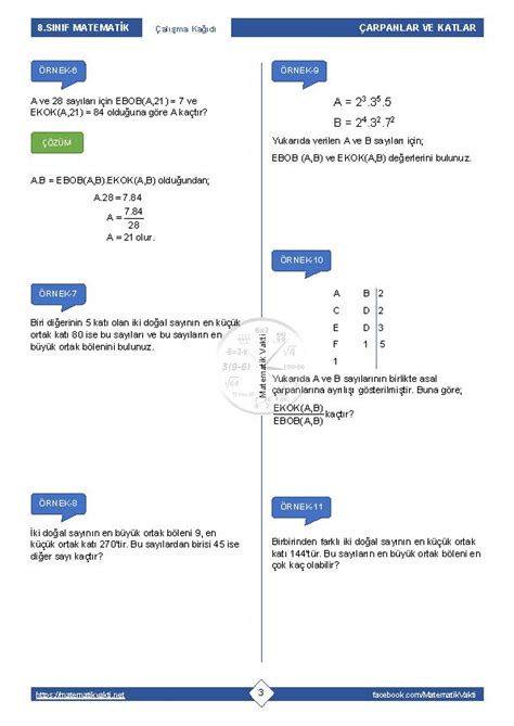 8 Sınıf EBOB EKOK Çalışma Kağıdı PDF İndir Matematik Vakti