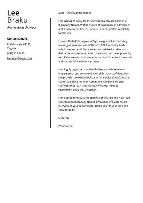 Admissions Advisor Cover Letter Example For 2023 Skills And Templates