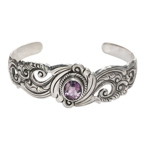 Novica Amethyst 925 Sterling Silver Floral Paisley Cuff Bracelet Regal Ivy Sterling Silver